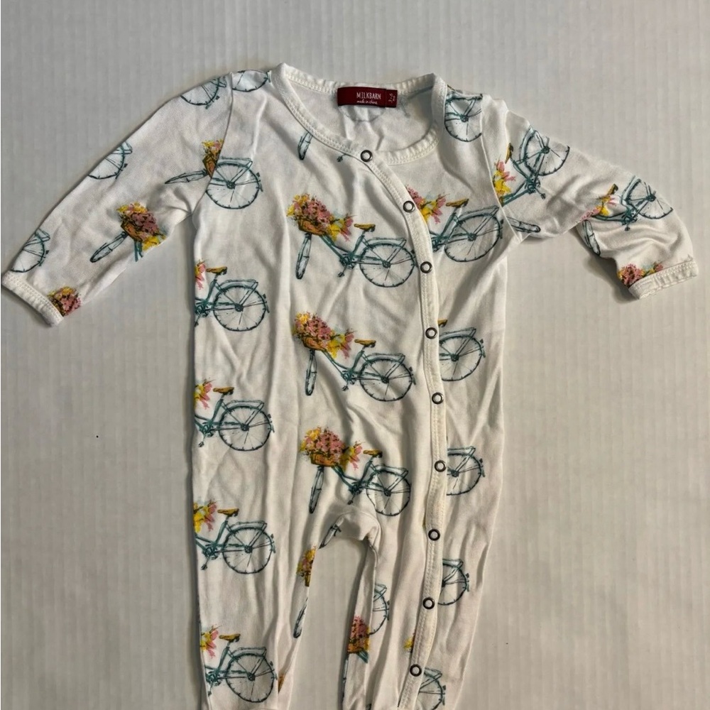 Milkbarn White Bicycle Floral Print One Piece Sleeper Footie 3/6 months